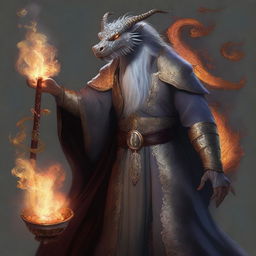 This high-quality digital art showcases a wealthy mage with dragon magic, grey scaly skin, and wielding a staff with fire magic