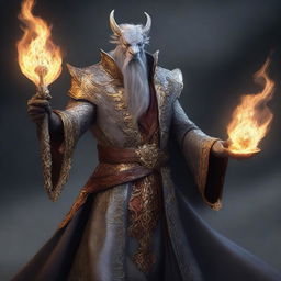 This high-quality digital art showcases a wealthy mage with dragon magic, grey scaly skin, and wielding a staff with fire magic