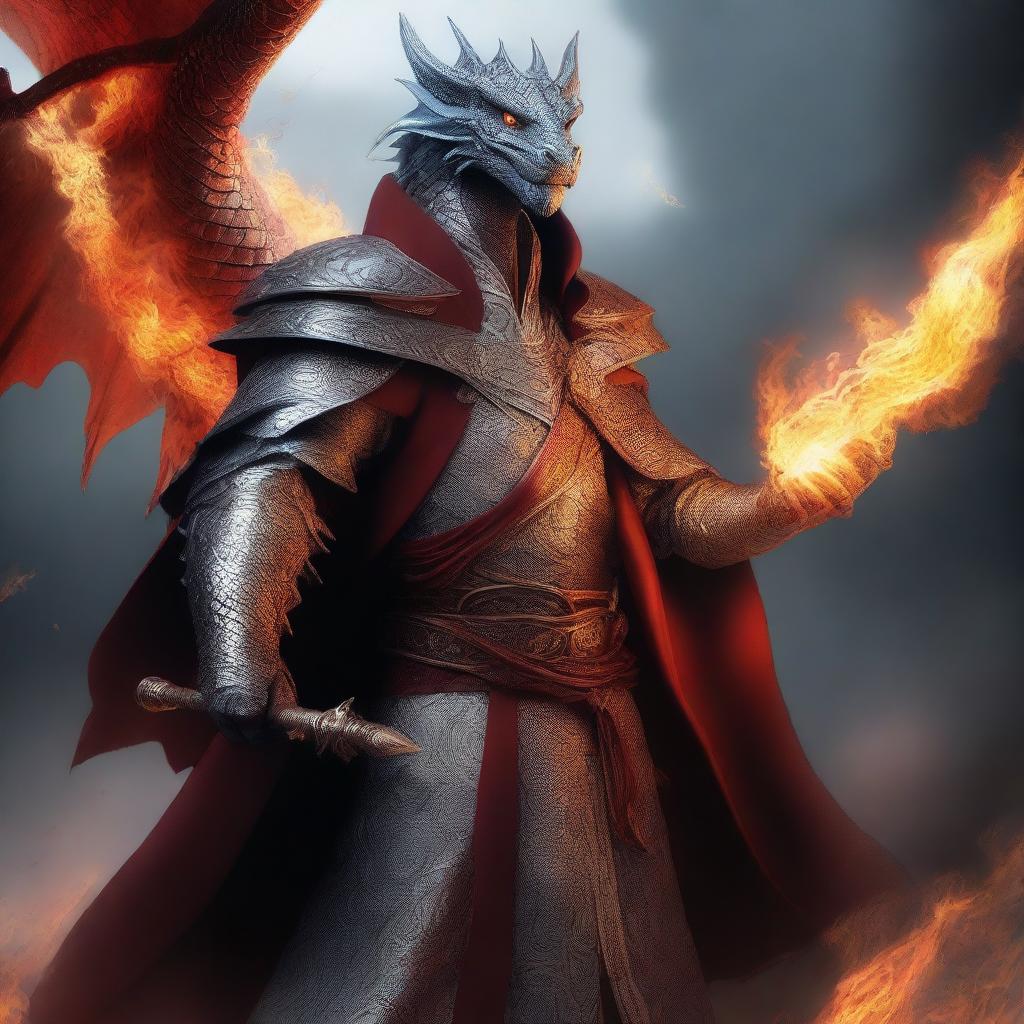 This digital art in high resolution depicts a wealthy mage possessing dragon magic and grey scaly skin