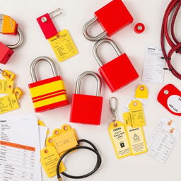 A detailed flat lay image showcasing safety equipment essential for Lockout/Tagout (LOTO) procedures