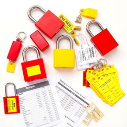 A detailed flat lay image showcasing safety equipment essential for Lockout/Tagout (LOTO) procedures