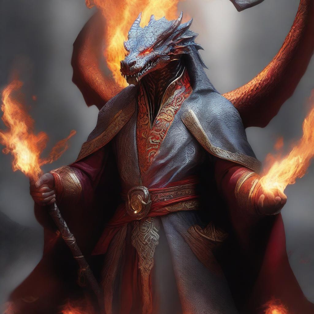 This digital art in high resolution depicts a wealthy mage possessing dragon magic and grey scaly skin