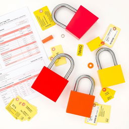 A detailed flat lay image showcasing safety equipment essential for Lockout/Tagout (LOTO) procedures