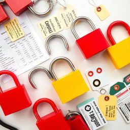 A detailed flat lay image showcasing safety equipment essential for Lockout/Tagout (LOTO) procedures