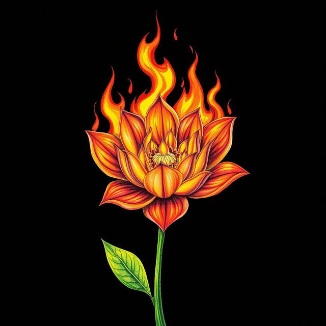 A vibrant and bold drawing of a flower engulfed in flames, the petals of the flower beautifully detailed with intricate shapes and colors, such as bright reds, oranges, and yellows blending into the fiery flames