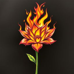 A vibrant and bold drawing of a flower engulfed in flames, the petals of the flower beautifully detailed with intricate shapes and colors, such as bright reds, oranges, and yellows blending into the fiery flames