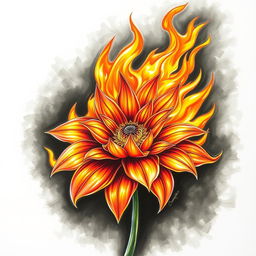 A vibrant and bold drawing of a flower engulfed in flames, the petals of the flower beautifully detailed with intricate shapes and colors, such as bright reds, oranges, and yellows blending into the fiery flames