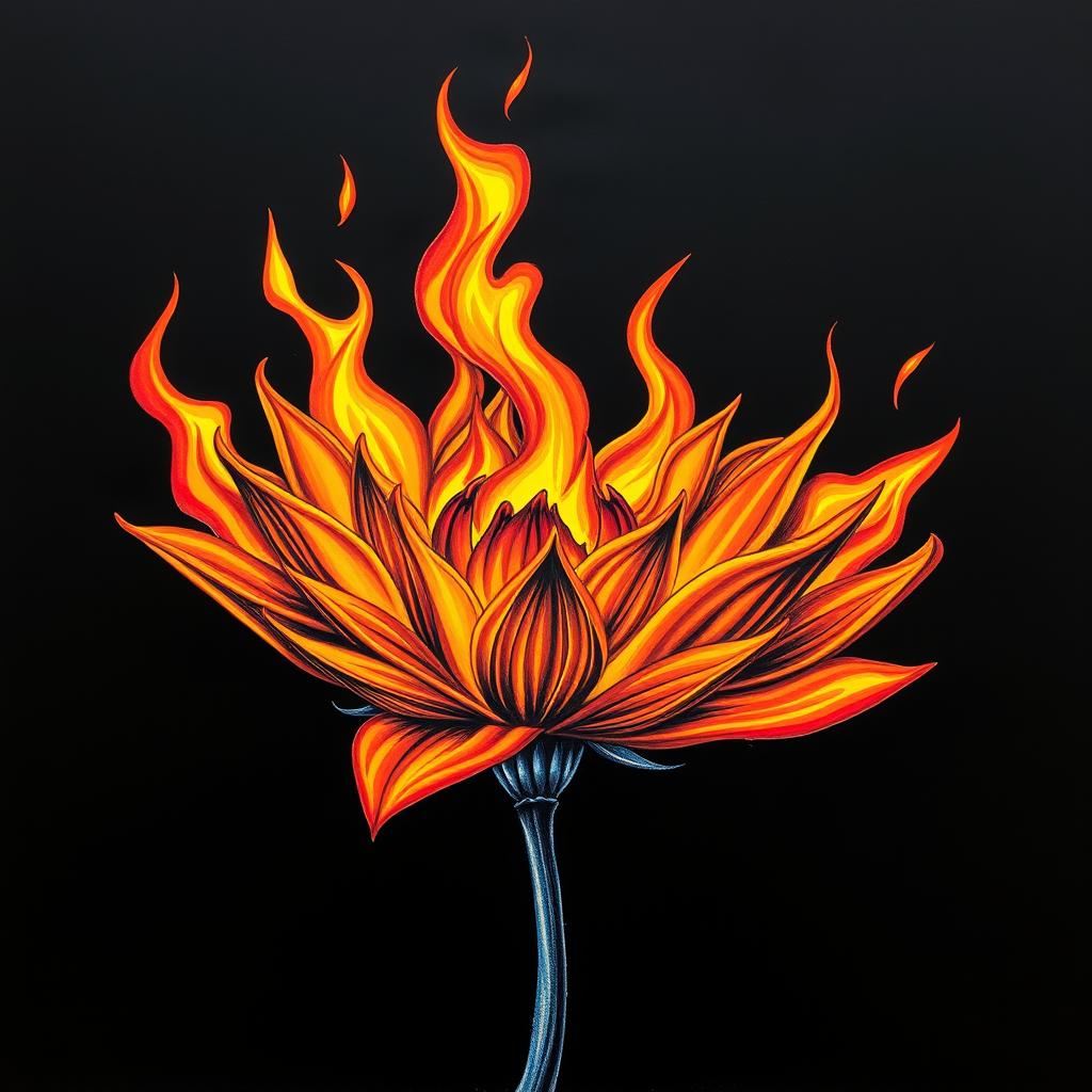 A vibrant and bold drawing of a flower engulfed in flames, the petals of the flower beautifully detailed with intricate shapes and colors, such as bright reds, oranges, and yellows blending into the fiery flames