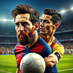 A surreal artistic representation of the blending of Lionel Messi and Cristiano Ronaldo, showcasing their iconic features merged together