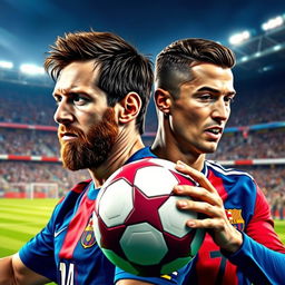 A surreal artistic representation of the blending of Lionel Messi and Cristiano Ronaldo, showcasing their iconic features merged together