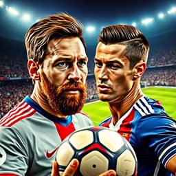 A surreal artistic representation of the blending of Lionel Messi and Cristiano Ronaldo, showcasing their iconic features merged together