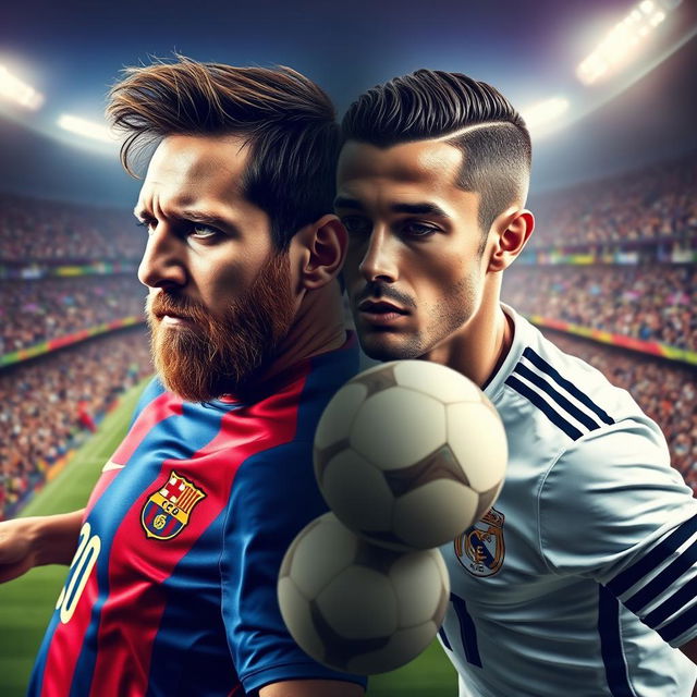 A surreal artistic representation of the blending of Lionel Messi and Cristiano Ronaldo, showcasing their iconic features merged together