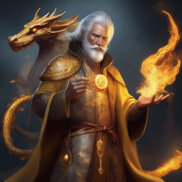 A high-quality digital art piece showcases a wealthy mage with dragon magic and grey skin, his yellow dragon eyes glowing with power