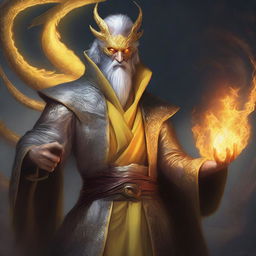 A high-quality digital art piece showcases a wealthy mage with dragon magic and grey skin, his yellow dragon eyes glowing with power