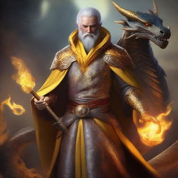 A high-quality digital art piece showcases a wealthy mage with dragon magic and grey skin, his yellow dragon eyes glowing with power