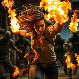 An action shot of a young woman named Tyla unleashing her fiery powers in a dynamic battle against several bad guys