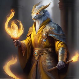 A high-quality digital art piece showcases a wealthy mage with dragon magic and grey skin, his yellow dragon eyes glowing with power