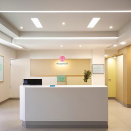 A spacious 15' x 35' hospital reception area with a tidy cash counter. The setting includes clean, clinical surroundings, placid colours, and soft lighting tout a warm and welcoming atmosphere.