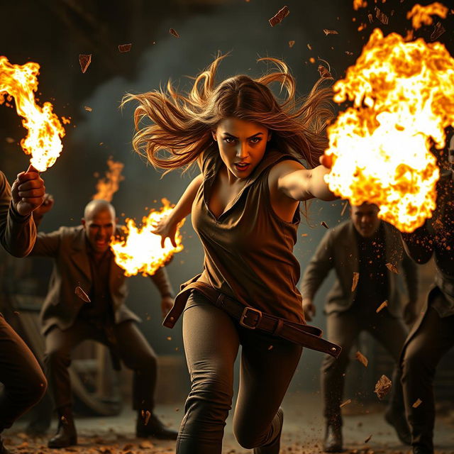 An action shot of a young woman named Tyla unleashing her fiery powers in a dynamic battle against several bad guys