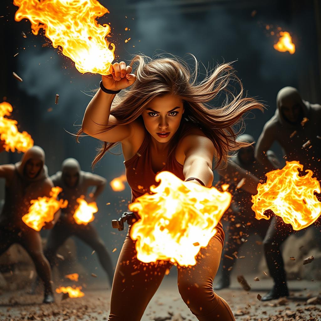 An action shot of a young woman named Tyla unleashing her fiery powers in a dynamic battle against several bad guys