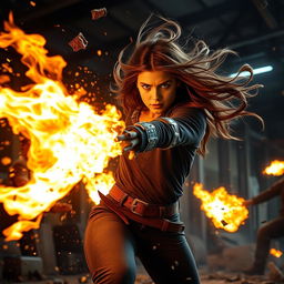 An action shot of a young woman named Tyla unleashing her fiery powers in a dynamic battle against several bad guys