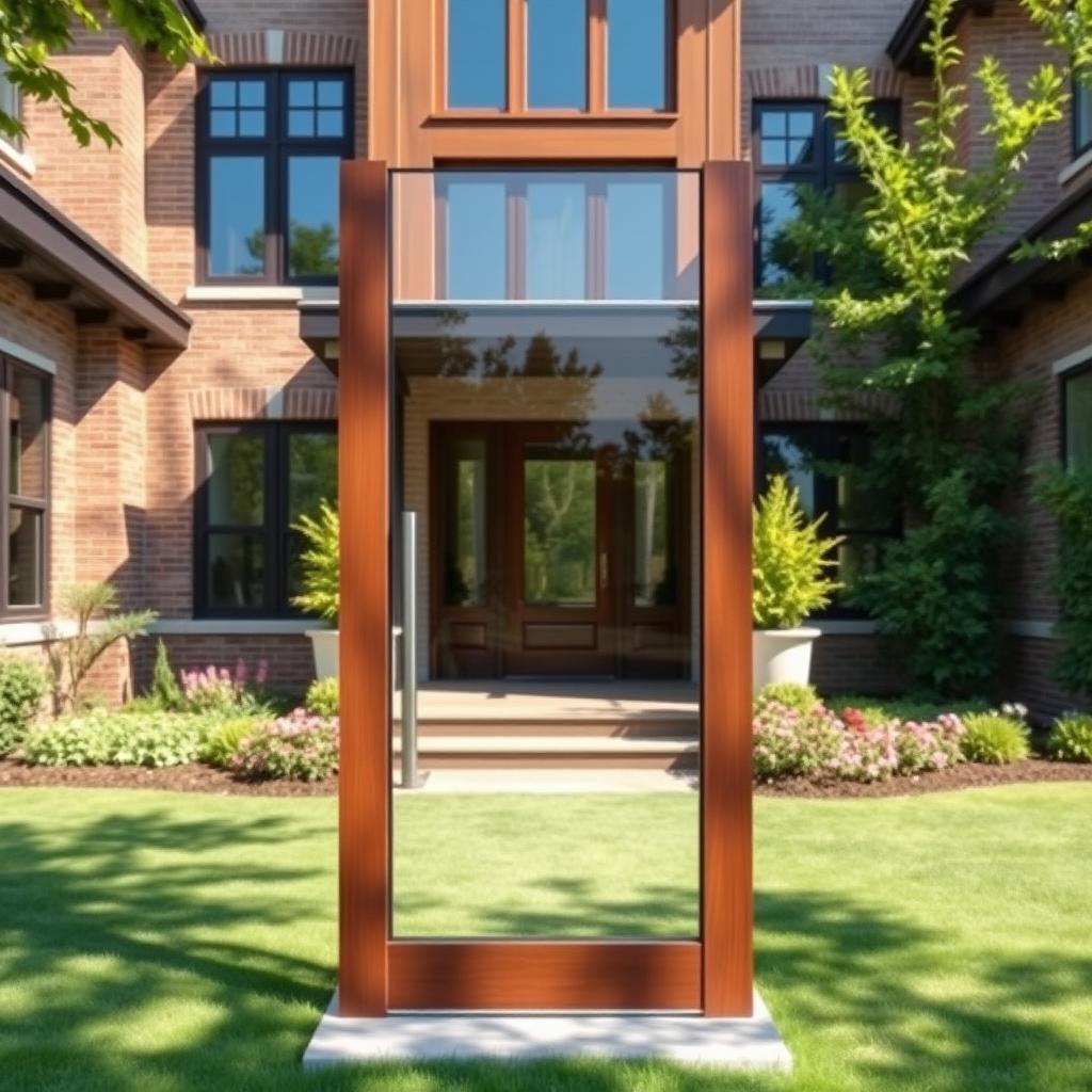 A clear glass door positioned prominently in front of a beautifully designed house facade