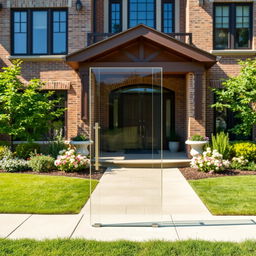 A clear glass door positioned prominently in front of a beautifully designed house facade