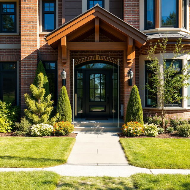 A clear glass door positioned prominently in front of a beautifully designed house facade