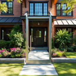A clear glass door positioned prominently in front of a beautifully designed house facade