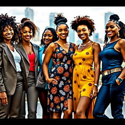 A diverse group of women standing together, showcasing a variety of ethnic backgrounds, styles, and fashion