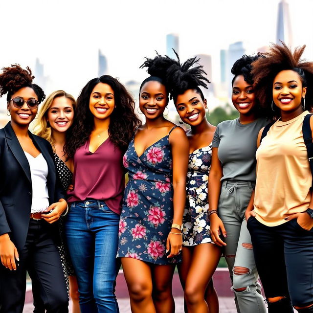 A diverse group of women standing together, showcasing a variety of ethnic backgrounds, styles, and fashion