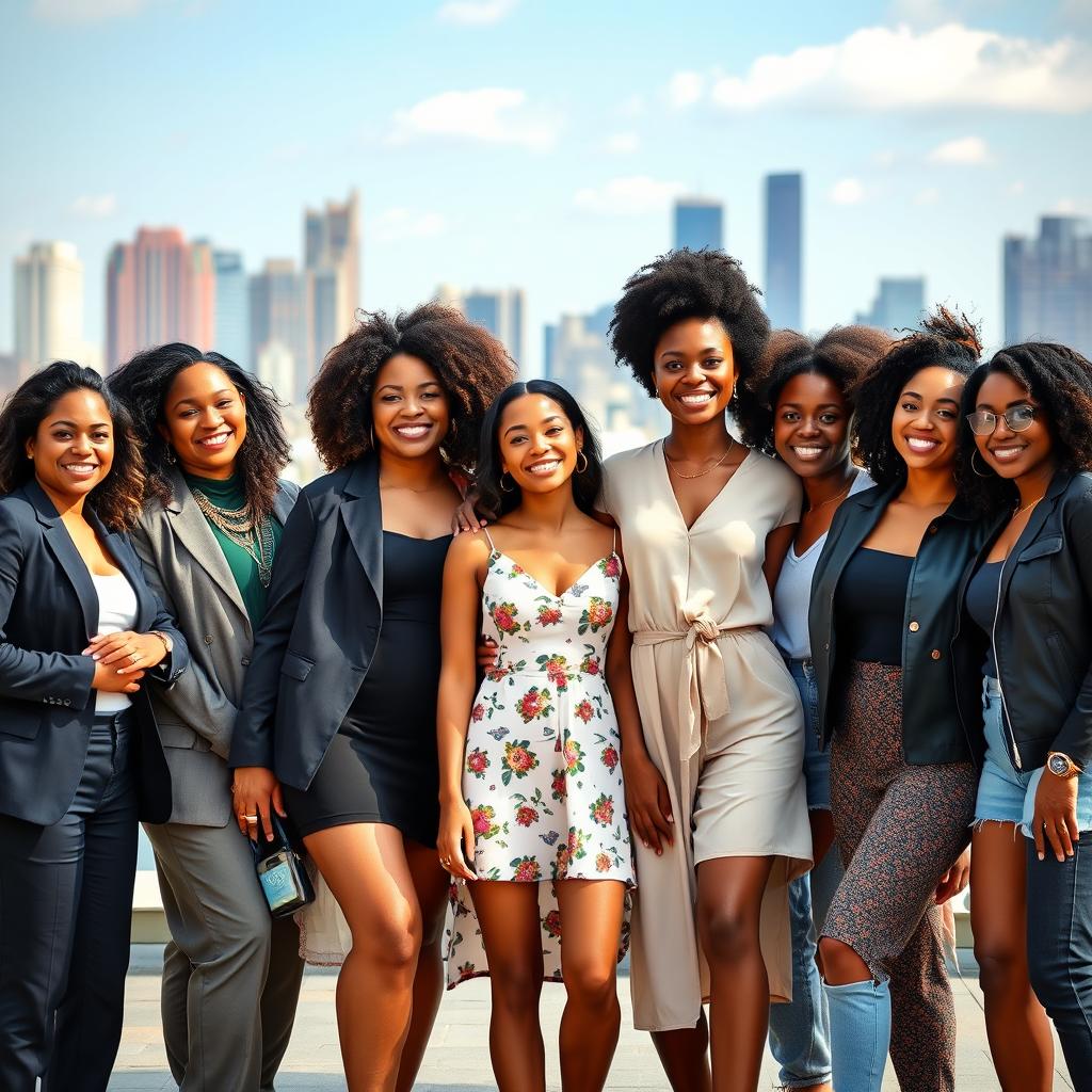 A diverse group of women standing together, showcasing a variety of ethnic backgrounds, styles, and fashion