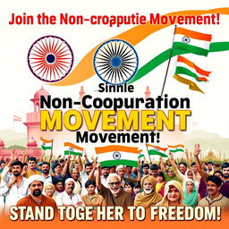 A vibrant and engaging poster promoting the Non-Cooperation Movement in India during the struggle for independence