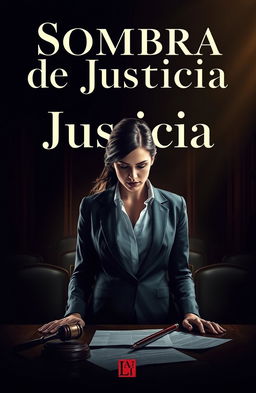 A captivating book cover design for a novel titled 'Sombra de Justicia', featuring a woman lawyer deeply engaged in a tense legal atmosphere