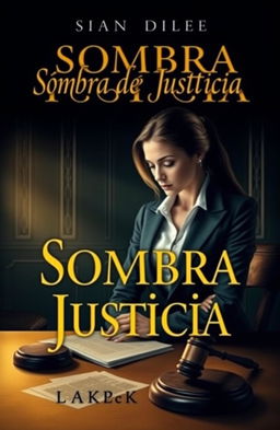 A captivating book cover design for a novel titled 'Sombra de Justicia', featuring a woman lawyer deeply engaged in a tense legal atmosphere