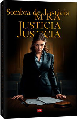 A captivating book cover design for a novel titled 'Sombra de Justicia', featuring a woman lawyer deeply engaged in a tense legal atmosphere