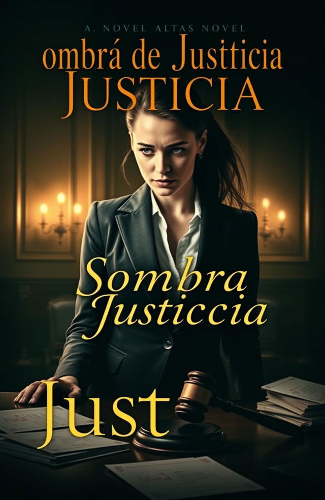 A captivating book cover design for a novel titled 'Sombra de Justicia', featuring a woman lawyer deeply engaged in a tense legal atmosphere