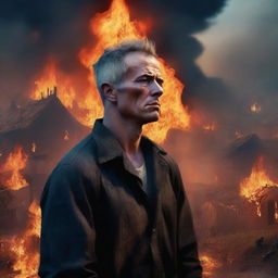 This digital art showcases a man, his face filled with sorrow, looking down upon a village engulfed in flames