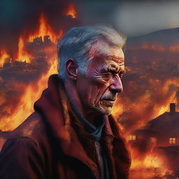 This digital art showcases a man, his face filled with sorrow, looking down upon a village engulfed in flames