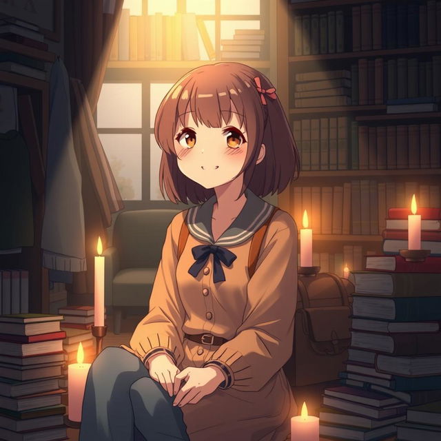 A cozy anime-style illustration of a kind, smiling university student girl surrounded by vintage clothing