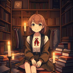 A cozy anime-style illustration of a kind, smiling university student girl surrounded by vintage clothing