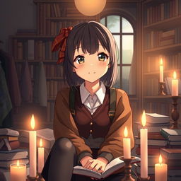 A cozy anime-style illustration of a kind, smiling university student girl surrounded by vintage clothing