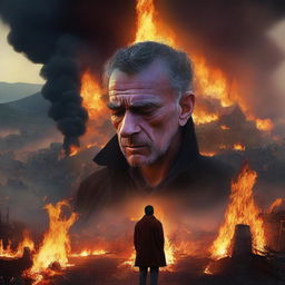 This digital art showcases a man, his face filled with sorrow, looking down upon a village engulfed in flames