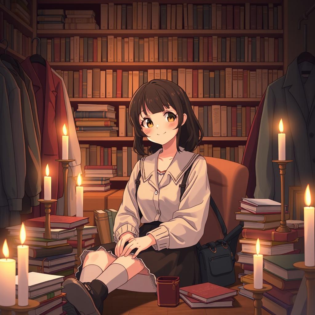 A cozy anime-style illustration of a kind, smiling university student girl surrounded by vintage clothing