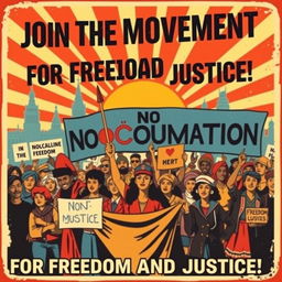 A vintage-style poster depicting a rally for a non-cooperation movement, featuring diverse individuals coming together, holding banners and signs calling for unity and resistance
