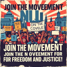A vintage-style poster depicting a rally for a non-cooperation movement, featuring diverse individuals coming together, holding banners and signs calling for unity and resistance