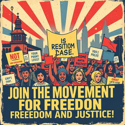 A vintage-style poster depicting a rally for a non-cooperation movement, featuring diverse individuals coming together, holding banners and signs calling for unity and resistance