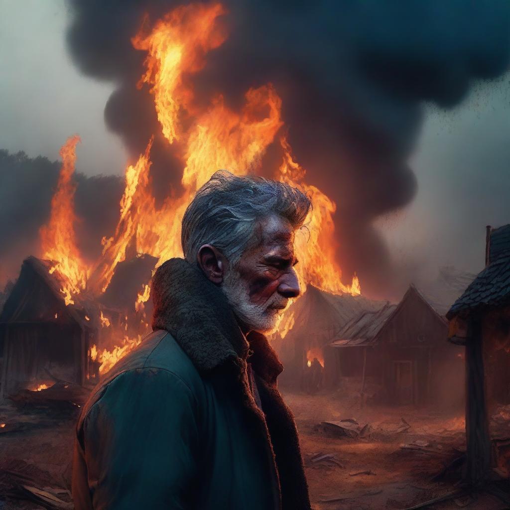 This digital art showcases a man, his face filled with sorrow, looking down upon a village engulfed in flames