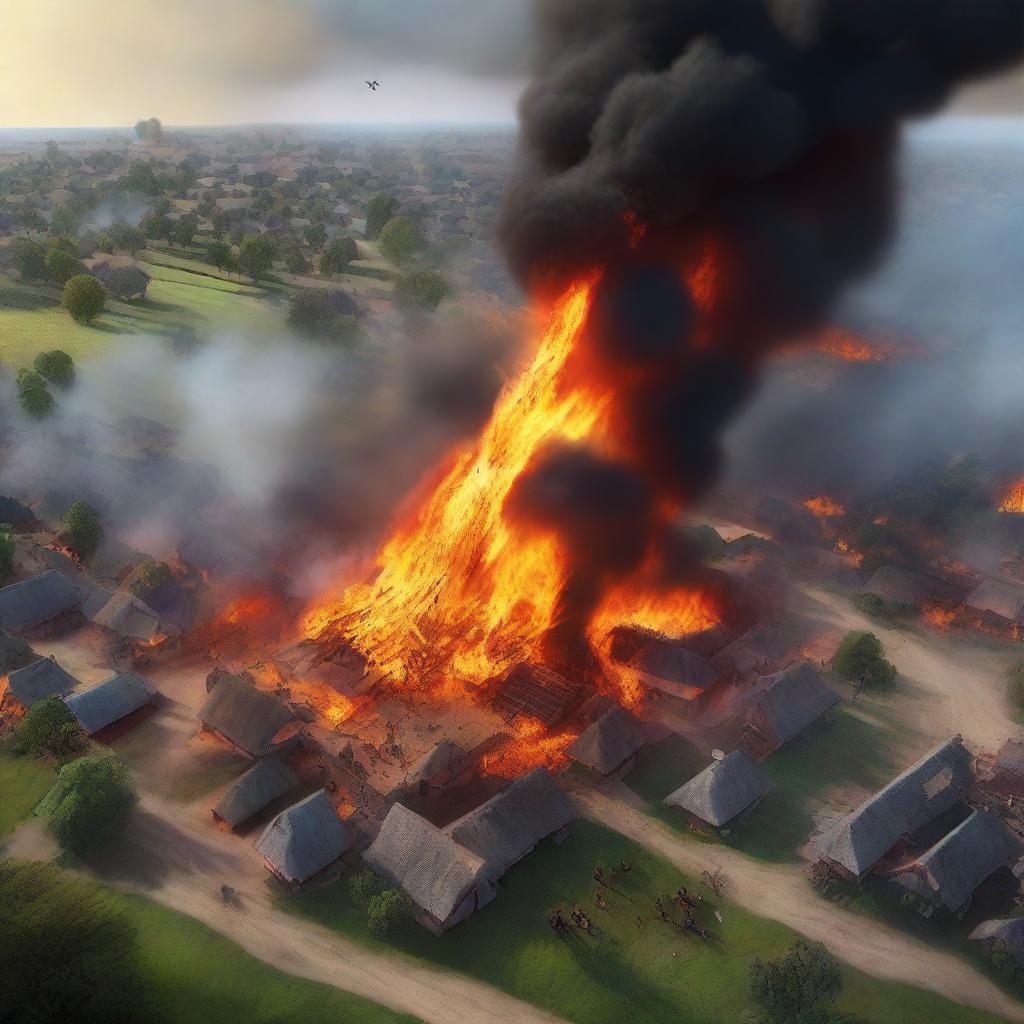 This high-quality digital art presents a bird's-eye view of a village being consumed by fire