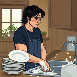A man with a sad expression washing dishes in a cozy kitchen